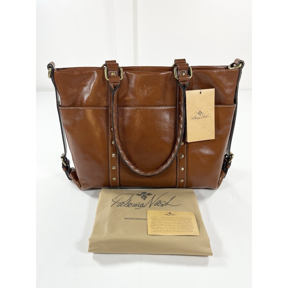 Patricia Nash Carducci Heritage Leather Pocket Tote Bag Cognac Tan Studded NWT